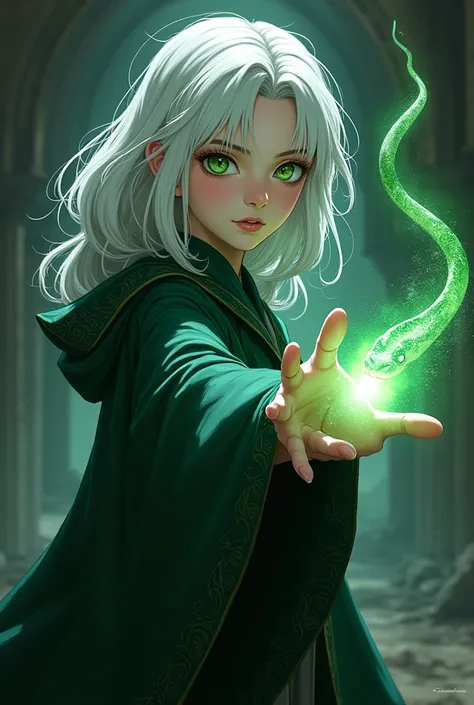 a young woman, slytherin student, pale skin, green eyes, white messy hair, mole under right eye, casting snake patronus, anime