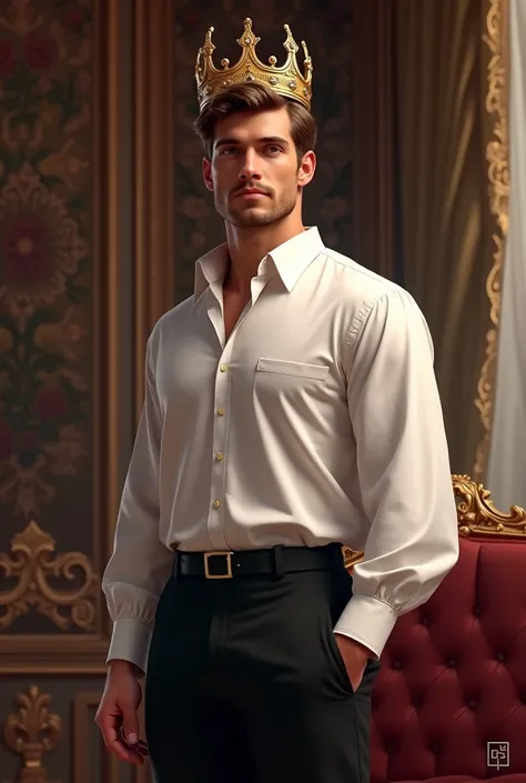 Prince Erick wearing a crown white shirt and black pants 

