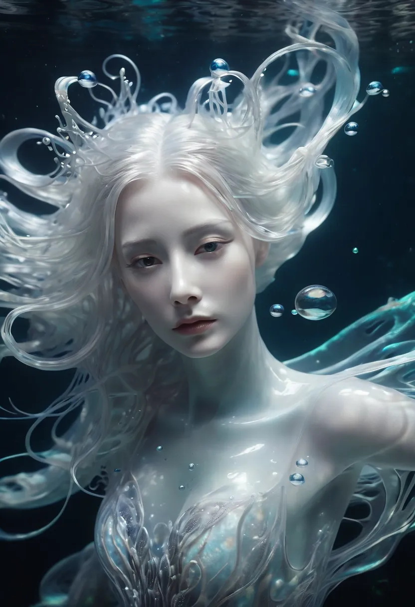 (style underwater background :1.0), a beautiful ethereal underwater creature, long flowing white hair, translucent skin, swirls ...