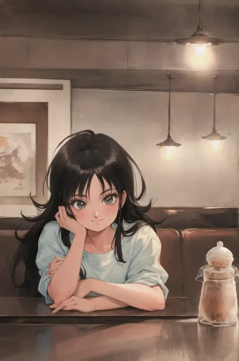 retro artstyle, watercolor, beautiful, masterpiece, best quality, detailed face, perfect lighting,
 1girl, solo,cute ,Mature ,beautiful woman , smile,(closed mouth:1.1) , long black hair, messy bangs, at the coffee shop,Goku,DragonBall