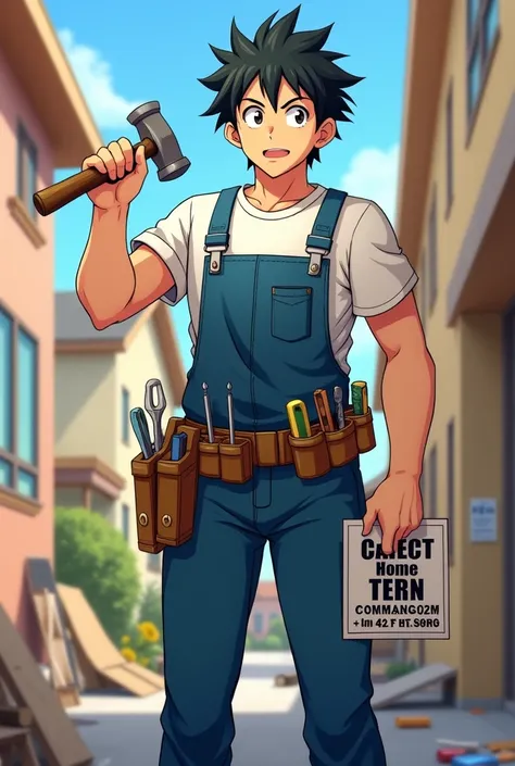  Imagine an anime-style man , with short, messy hair ,  dressed in blue overalls .  Wear a tool belt with screwdrivers,  a wrench and other useful utensils .  In one hand he holds a hammer ,  while with the other he holds a sign that says  " Home Repairs F...