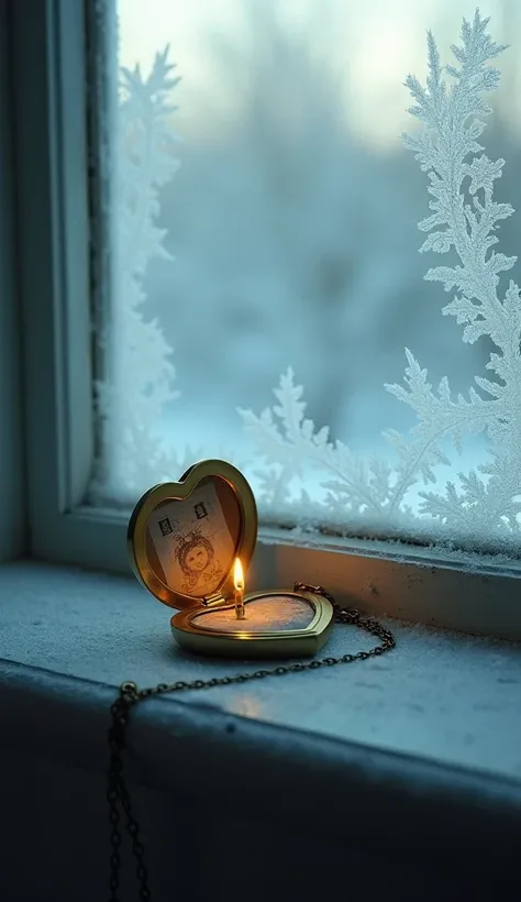 Prompt:
A heart-shaped locket lying open on a cold, frosted windowsill. Inside, one side holds a faded photograph, while the other side is empty, the outline of where another photo once was still visible. The frost on the window glows faintly in the pale l...