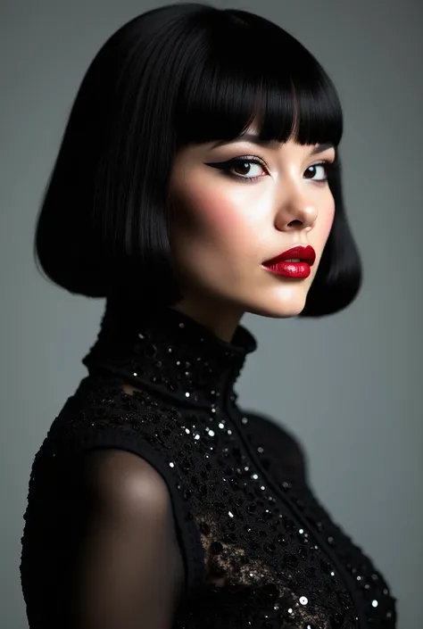 A dramatic and stylish side-profile portrait of a woman with a smooth and pale complexion, bold black eyeliner, and glossy red lipstick. Her sleek black hair is styled with blunt bangs, and she is wearing an intricate, high-collared, textured black outfit....