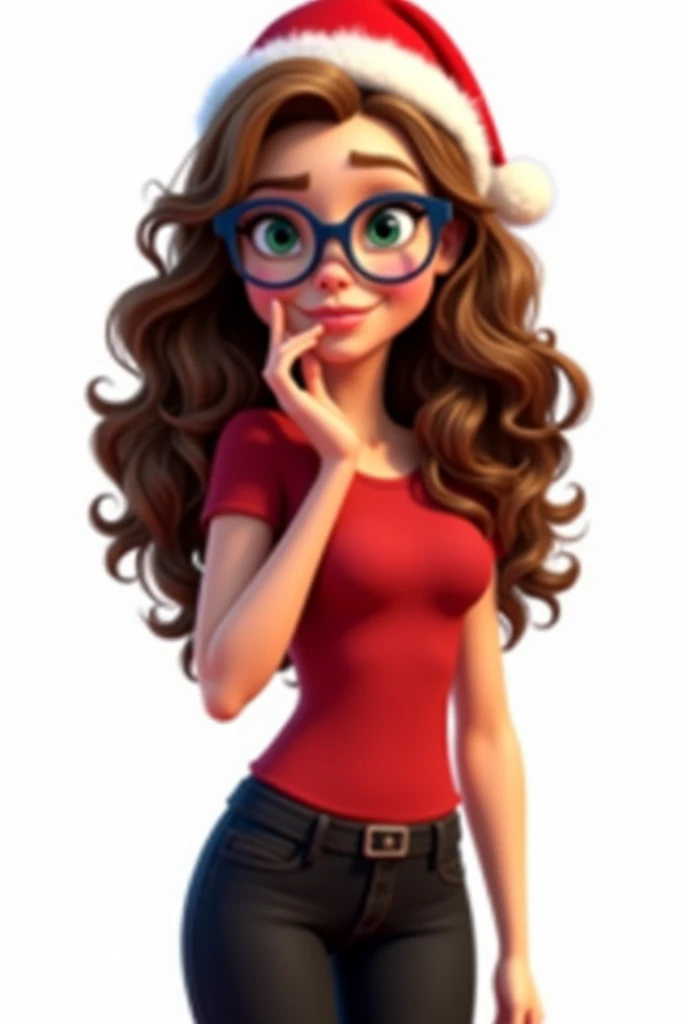 Create a Disney Pixar image of a female character with curly brown hair and highlights, wearing a Christmas hat, sweet. Playing kiss with hand, formal clothes. red t-shirt and black pants, green eyes with dark blue framed glasses. White background.