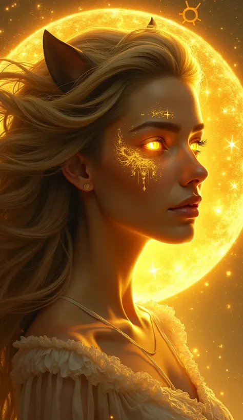 A stunning mystical woman with luminous yellow lion eyes, a glowing lion symbol on her cheek, and a golden aura surrounding her head. The background features constellations and zodiac signs in a celestial, mystical design."
