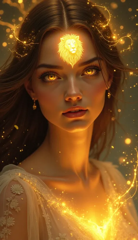 An elegant mystical woman with a glowing yellow lion symbol on her forehead and intense yellow eyes. Her radiant aura enhances her beauty, set against a Leo-inspired celestial background with golden tones."
