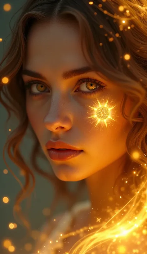 "A close-up of a mystical young woman with mesmerizing yellow eyes and a radiant lion symbol glowing on her cheek. Her golden aura reflects her Leo energy, surrounded by a zodiacal cosmic background filled with shimmering stars."