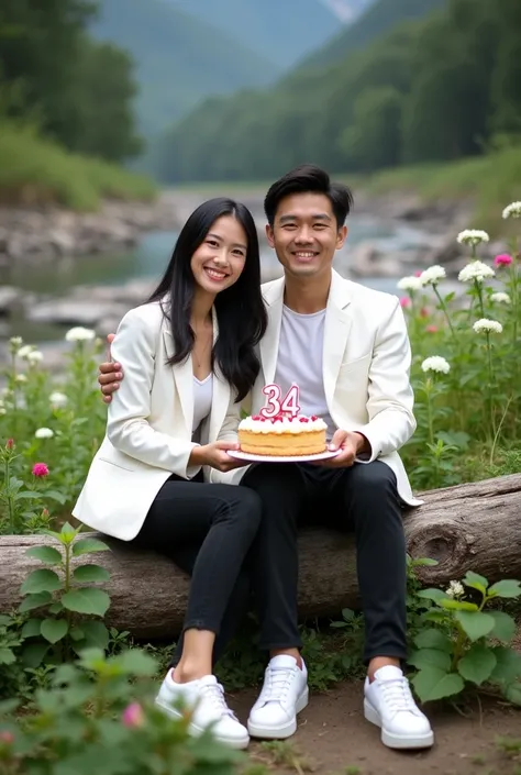 portrait of a beautiful 27 year old Asian woman and hansom asian man , the woman long black hair, they are  ,wearing a white blazer, black jeans and white shoes, smiling facing the camera, the man holding a Tart cake with number 34 candles, with the inscri...