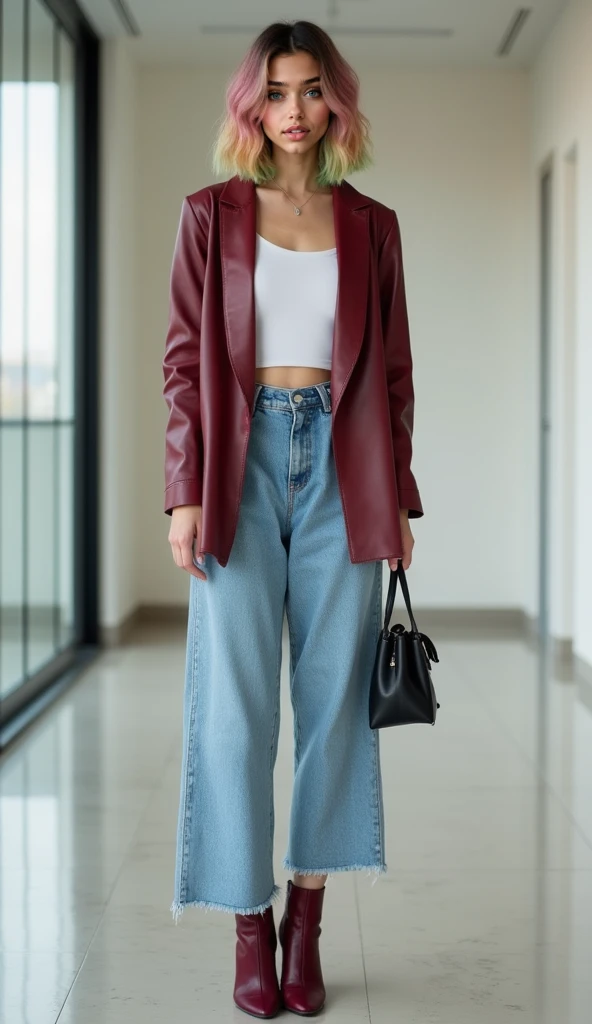 Beautiful (((Latina))) girl named Luna, full body shot, (((full body))), middle length pink-yellow-green gradient hair, bob cut hairstyle, 20 years old, (((cute face))), light tanned, wearing dark red leather blazer styled open, holding small simple black ...