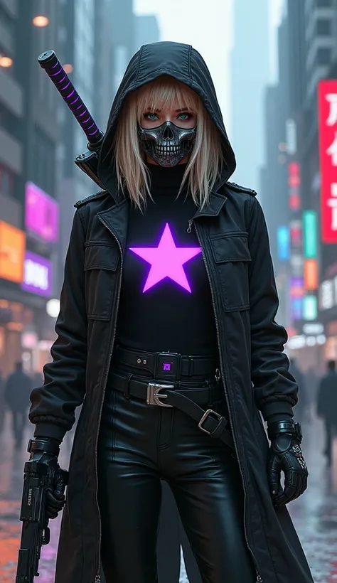  Draw in realistic cyberpunk style a blonde woman with medium hair and green eyes and one of those eyes has a scar ( that eye is always closed ).  She has a darkened metal mask in the shape of a skull from the face to the bottom of the nose .  She wears a ...