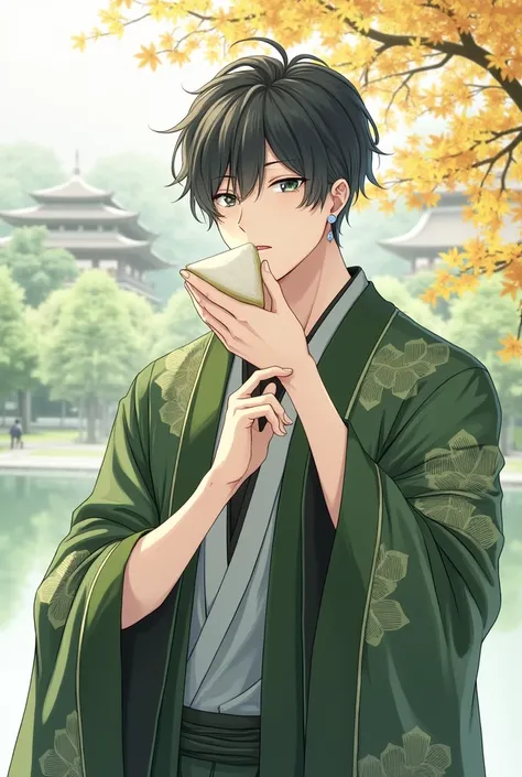  The background is a Japanese garden 、Autumn leaves tree々 and traditional buildings 。 the character is a young man 、 has a black and gray hairstyle 、 has short, lightly disheveled hair 。 and he is wearing a traditional Japanese suit 、The background is gree...