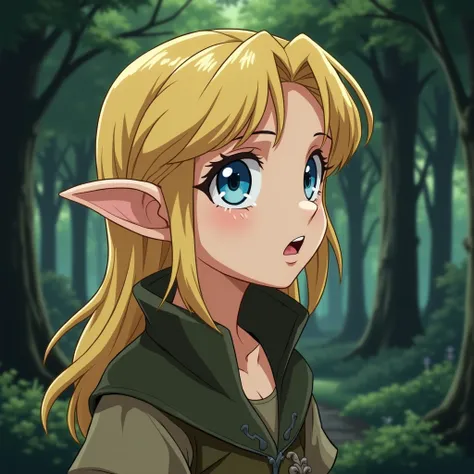 Anime cartoon of a blond blue-eyed elf ,  looking at a thick black penis in a forest 