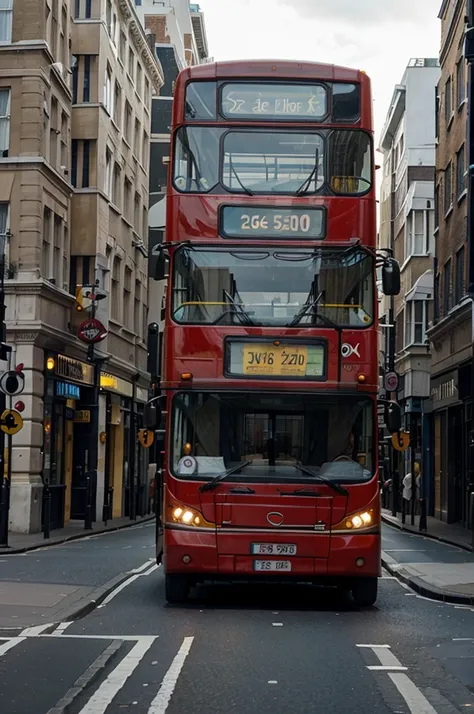 An image in which a bus is driving down a London street