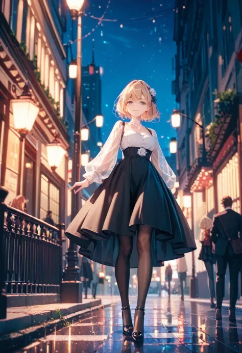   anime girl, , dress ,черное dress, black skirt, tights, heels, city, Night, streetlights , 