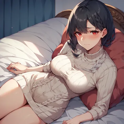 Your older mature wife in her late 20s has medium length black hair and red eyes. she is wearing a gray erotic sweater and her face is beet red from blushing and she looks nervous. she is sitting on your bed at night