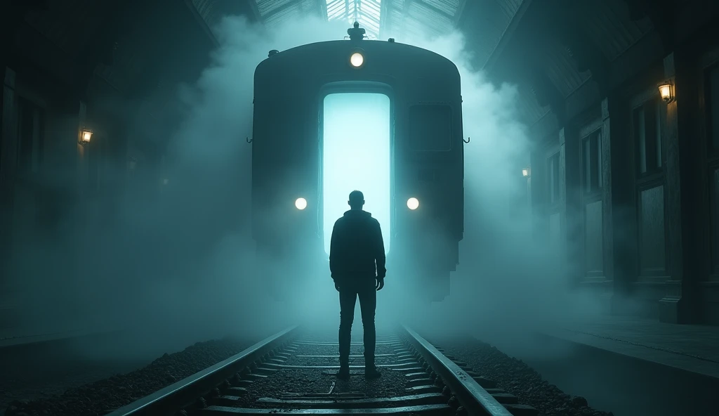  A man standing in a deserted station ,  looking at the open door of a ghost train .  The door shines with ghostly light ,  and a dense surrounding fog seems to move toward the mans feet. The environment is cold and terrifying .