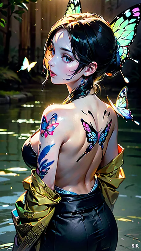 woman in kimono on the riverbank, (( she has a big butterfly tattoo on her back)), beautiful detailed eyes, beautiful detailed l...