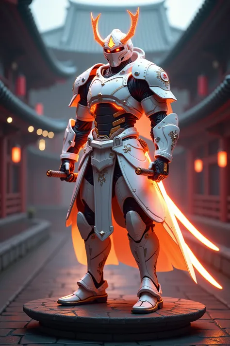 unreal engine, a full armor mecha samuri, he wear a white armor with glittering orange neon light, he holding a white sword with orange neon light, fighting stance, cinematic lighting, standing on top step of Japanese temple, High Resolution, Masterpiece, ...