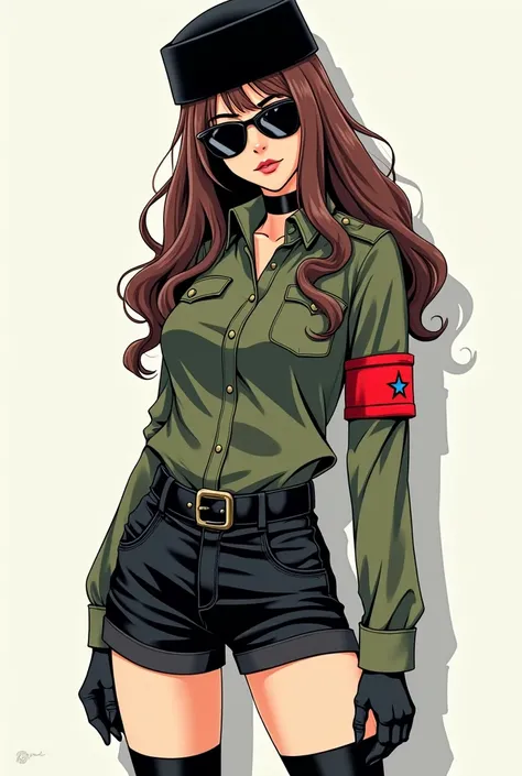  brunette woman with long wavy brown hair with a black ushanka on her head,  black lenses and military collar , green shirt and black shorts , black sneakers with high tights and a red band with a star in the middle of the band on the left arm manhwa versi...