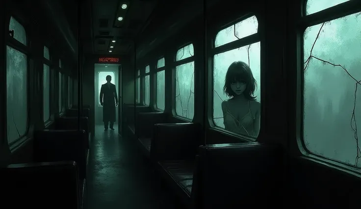  A dark train car ,  with walls covered by cracked mirrors .  The reflection of a man appears distorted in each mirror, And in one of them ,  a sad and pale womans face observes .  The atmosphere is melancholic and sinister .