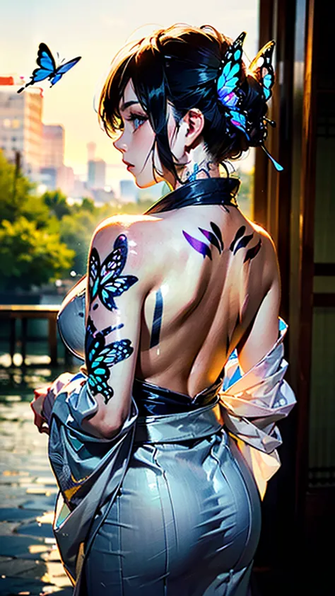 woman in kimono on the riverbank, ((彼女のi have a big butterfly tattoo on my back)), beautiful detailed eyes, beautiful detailed l...