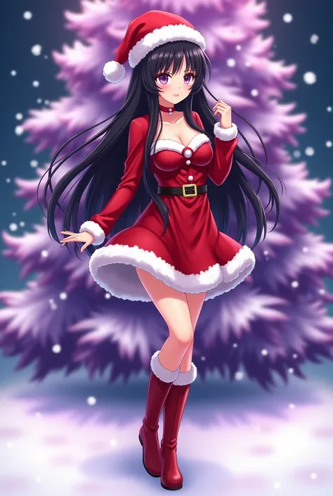 Rei Hino sexy beautiful adult anime woman smiling purple eyes long black hair loose red and white Santa Claus Christmas dress with red Christmas hat red boots red,  white snowflakes full body watching from the front standing posing flirty anime style, In t...