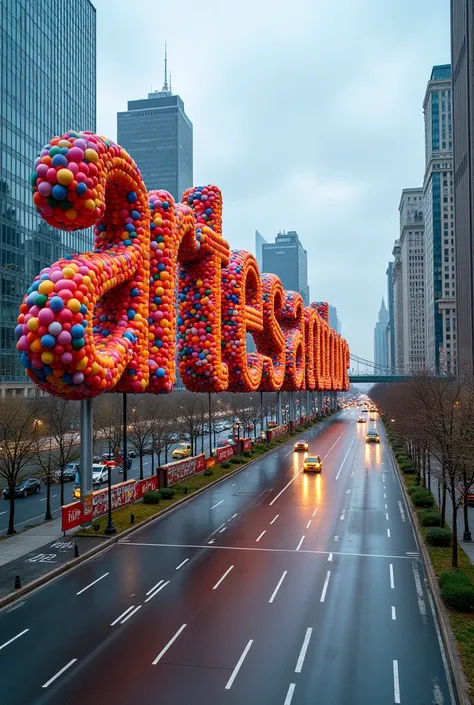 the letter "ArtesaNature" It would literally be BIG made of colorful ,  balloons in A picture of a long road in the middle of the city to paint 
