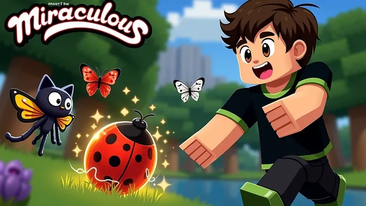 Create a cartoon Minecraft cartoon of a boy finding the miraculous of the ladybug and cat ,  make him wearing a black t-shirt with a green collar , black pants and green shoes ,  make him down stretching out his hand going to get the miraculous that is in ...