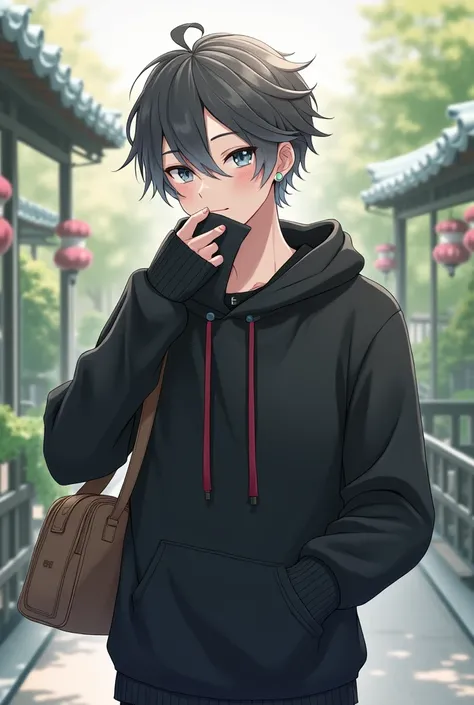  The background is a Japanese garden 、 with a stylish cafe-style wall drawn on it 。 the character is a young man 、 has a black and gray hairstyle 、 has short, lightly disheveled hair 。The atmosphere of the character wearing a black hoodie 。 has a gentle ex...