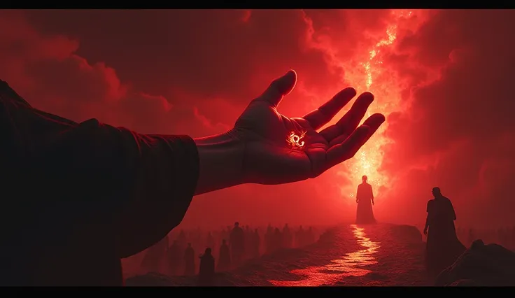 Visual Elements:
main focus:  An outstretched hand with a visible mark  (something that refers to the number  ""666"" ),  surrounded by an ominous red glow .
background scenery: A contrast between darkness and light ,  symbolizing the struggle between good...