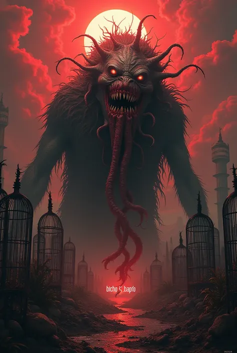 A hyper-realistic photorealistic portrait of a terrifying, monstrous creature with glowing, malevolent eyes, sharp, serrated teeth, slimy, mucus-covered skin, and disgusting, tangled tentacles. The creature is exuding toxic poison. The background is a land...