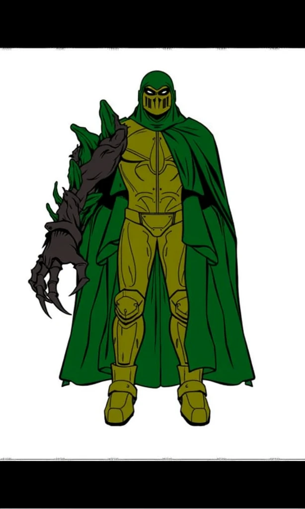 A man in yellow armor and a green cape, Monster arm 