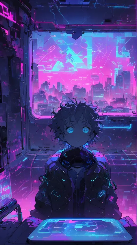 An anime-style illustration of a young boy sitting at a computer in a cyberpunk-themed room. The room is filled with neon lights, futuristic gadgets, and dark metallic surfaces. The boy has short, messy hair, big expressive eyes, and is wearing casual futu...