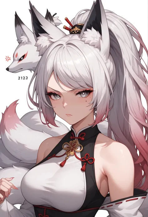 mixed_artwork style, (detailed eyes), (Mature woman), beautiful woman, medium breasts, white hair, bangs on eye, (gradient hair white to blue), Side bangs, ponytail, (black white dress), silver eyes, mole under eye, huge body, (annoyed gaze), kitsune ears,...