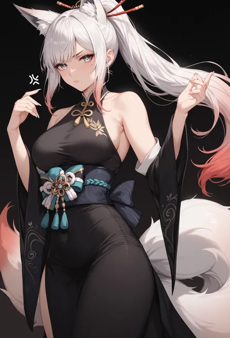 mixed_artwork style, (detailed eyes), (Mature woman), beautiful woman, medium breasts, white hair, bangs on eye, (gradient hair white to blue), Side bangs, ponytail, (black white dress), silver eyes, mole under eye, huge body, (annoyed gaze), kitsune ears,...