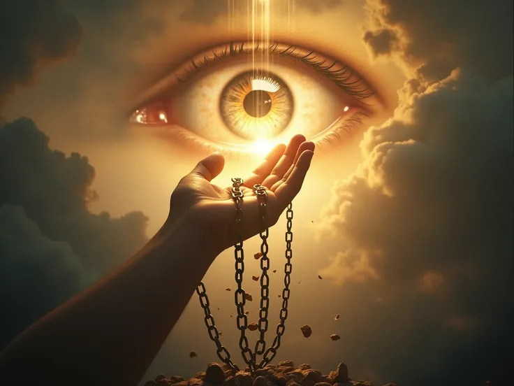  A dramatic and symbolic scene representing spiritual liberation. A giant hand, shining brightly, Descends from the cloudy sky ,  breaking thick chains that fly into pieces . In the background,  an enormous malicious eye ,  surrounded by shadows and dark c...