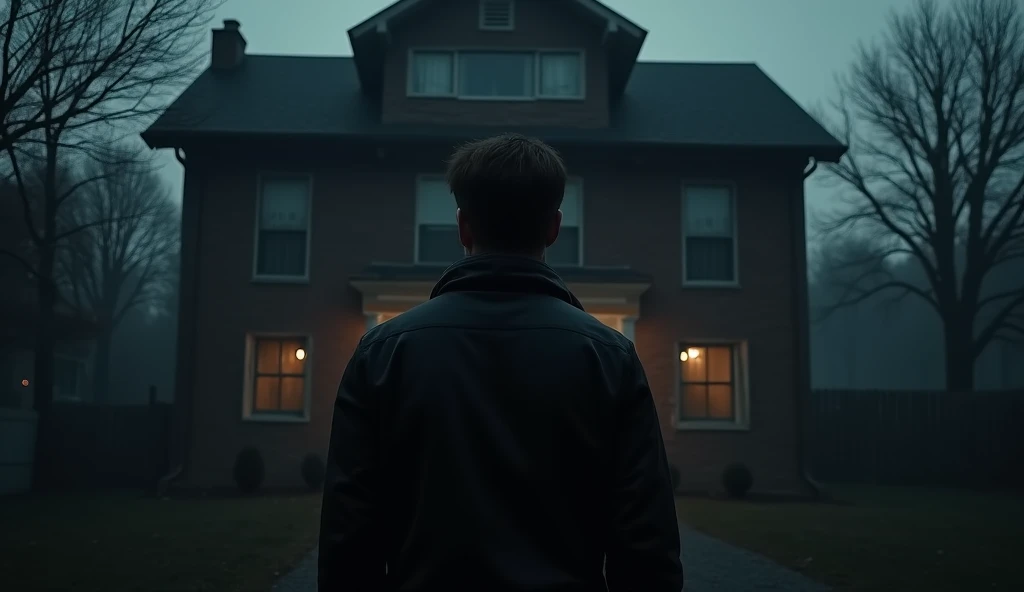    A 25-year-old man   ,   with brown hair  ,  Seen from behind ,   is standing in front of a house  .   All windows are covered with curtains that reflect total darkness  , without a trace of light or shine  .   The door of the house is open   ,   showing...