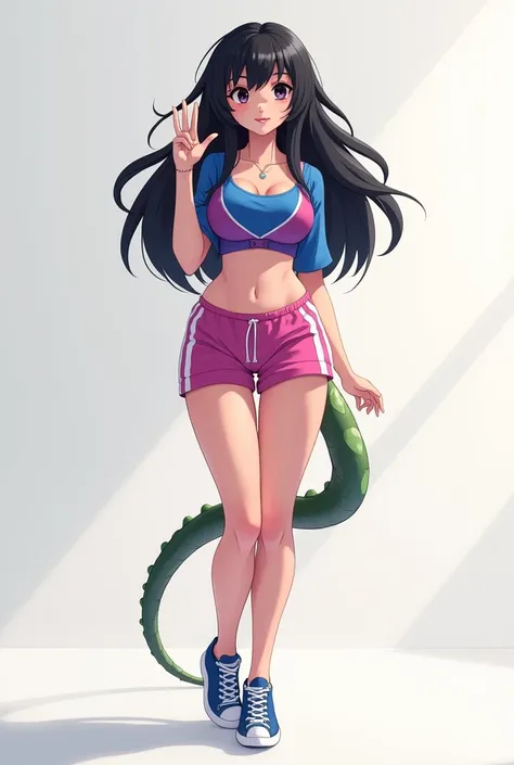 Rhafaela , ( A woman with a bulky body) ( She wears a short blue and purple blouse and a short pink Adidas shorts),  the clothes dont cover your belly , legs and arms, ( A tail is similar to that of a lizard ,  but with human tones ) (She has a sweet smile...