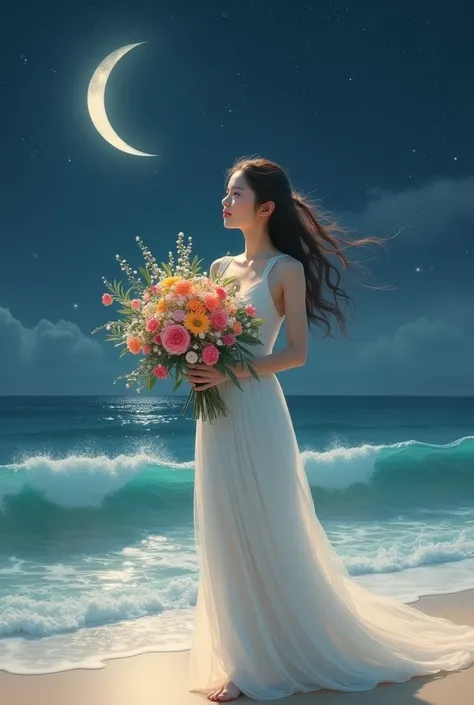 Beautiful girl holding a bouquet of flowers in a white dress, standing by the sea, looking at the small moon.