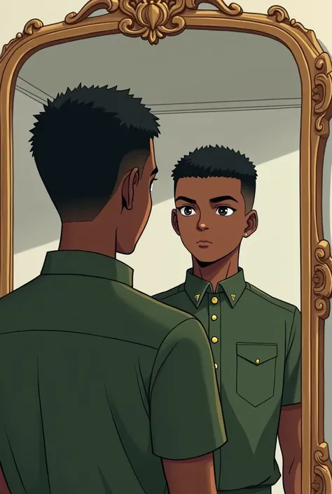 Anime boy with black skin and a very short military cut wearing a green shirt getting ready while looking in a giant mirror 