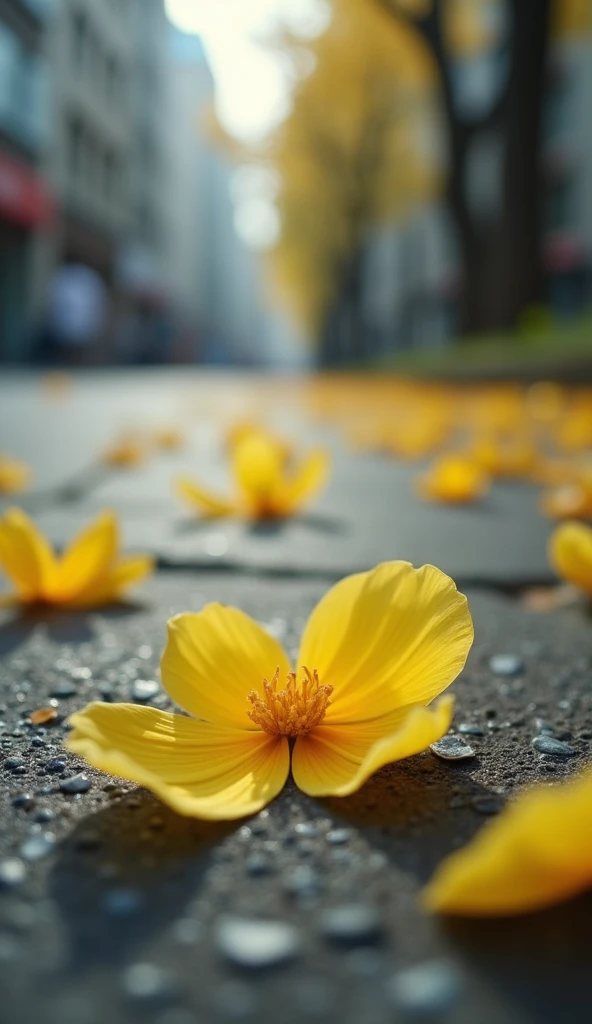 3 yellow flower petals on the floor of a blurry street.