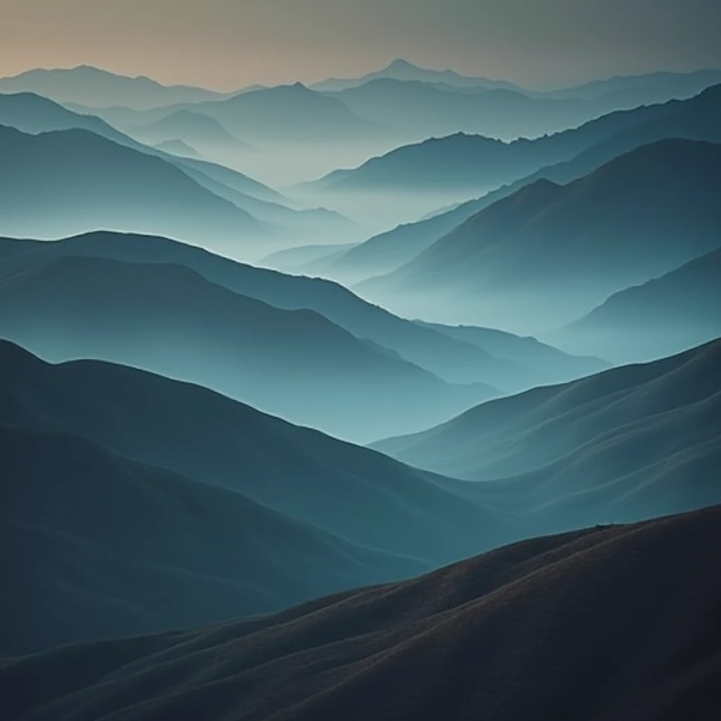 Rolling mountains shrouded in soft mist, depicted in a minimalist and elegant photographic style. Smooth lines and curves of the mountains blend with a muted color palette of blues and grays, creating a serene and mysterious atmosphere. The composition is ...