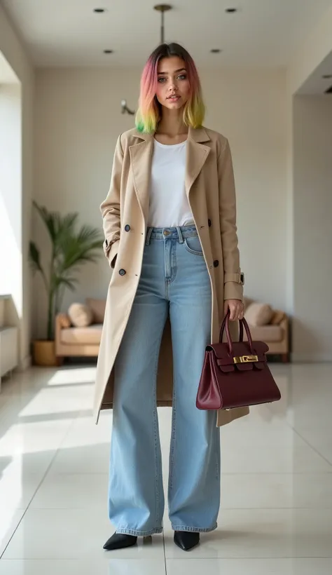 Beautiful (((Latina))) girl named Luna, full body shot, (((full body))), middle length pink-yellow-green gradient hair, bob cut hairstyle, 20 years old, (((cute face))), light tanned, wearing a beige trench coat, white t-shirt, wide leg long light blue jea...