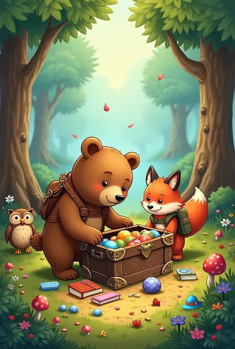 Illustration: Pipo is a little  bear . With the help of the beaver owl and the fox, he dug and found a chest full of toys and books.. 