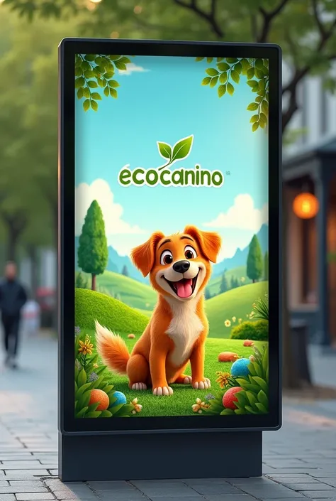 Generate an image of a street advertising panel for a dog food brand called EcoCanino 