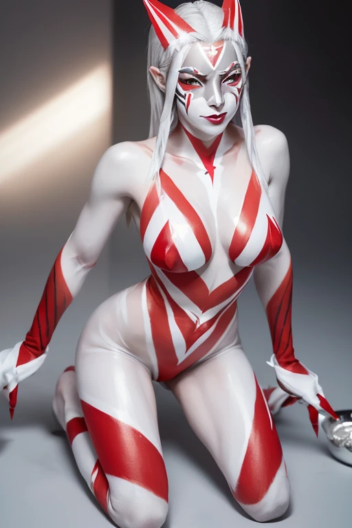 (SFW:1.3), High quality, Dark Elf, (Full body white body paint:1.4), (Silver and red chevron stripe pattern body and face paint:1.4), (Red gradient paint towards the tip of the arms and legs:1.2), Photorealistic, silver hair, large breasts, realistic, knee...