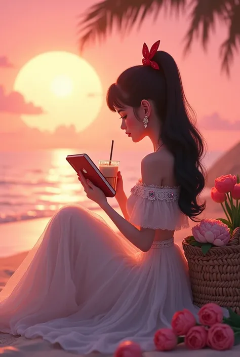 Picturesque pink sunset at the beach with dreamy picnic set up, where Animated classic Ethereal fierce woman, with wavy long black hair with red bow clip at middle back, wearing off shoulder, embroidered white long tulle dress with pearl accessories, holdi...