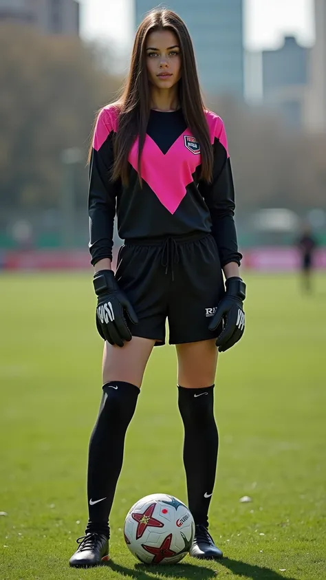 Pale yet fair skinned Romanian girl with long shoulder-length brunette hair, slightly longer heart-shaped oval face, angular jaw and slim lanky hourglass figure and very long straight black hair playing as a goalkeeper for Rapid București dressed in a blac...