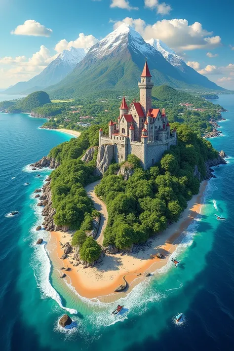 A collage of destinations: a sandy beach, snowy mountain peaks, a city skyline at night, a medieval castle, a lush countryside, a rainforest, and a polar tundra.