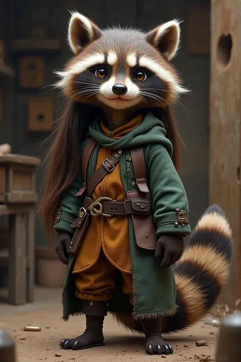  “A semi-human inspired by a raccoon in a medieval fantasy environment . His face is completely human , with a curious and friendly expression .  The only animal features are raccoon ears and a characteristic ringed tail.  Her hair is long,  of a dark brow...